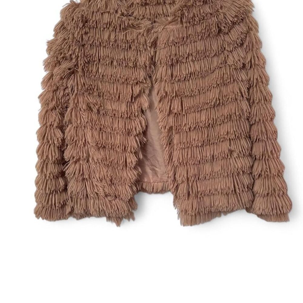 She + Sky Dusty pink shaggy faux fur fringe open front eye hook jacket tiered S